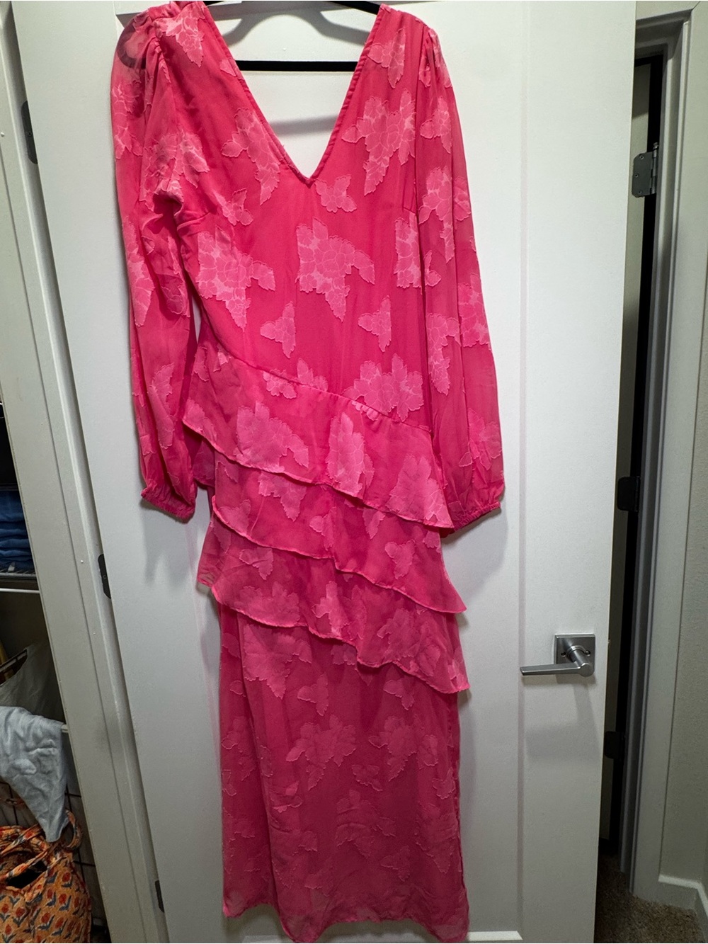 Boohoo Hot Pink Floral Tiered Long Sleeve Dress